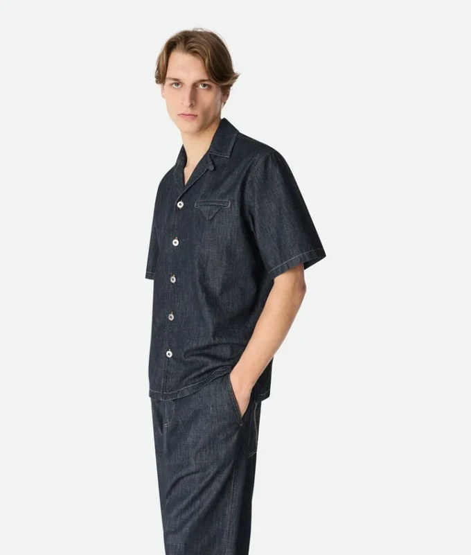 Chemise en denim droit délavé indigo