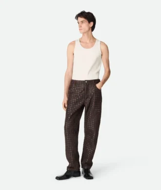Pantalon droit en cuir et daim Intrecciato