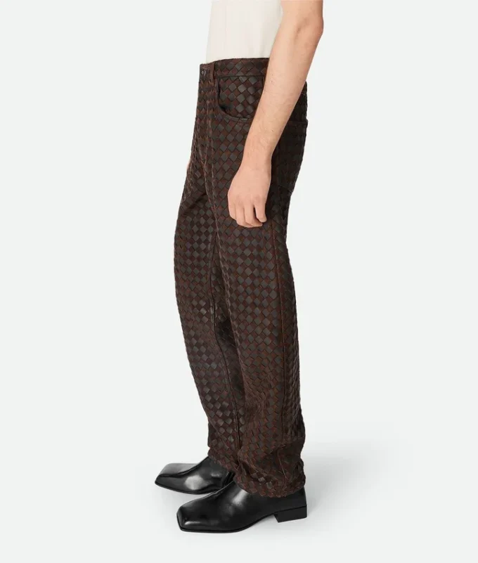 Pantalon droit en cuir et daim Intrecciato