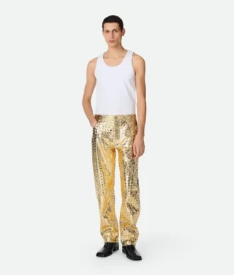 Pantalon droit en cuir Intrecciato laminé