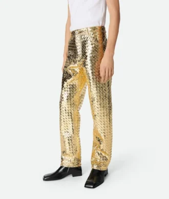 Pantalon droit en cuir Intrecciato laminé