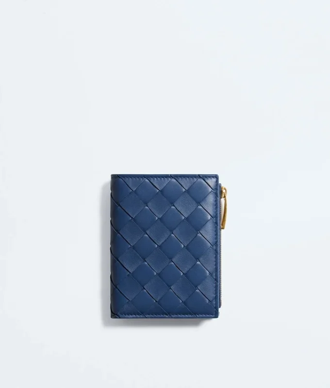 Petit portefeuille à deux volets en cuir Intrecciato
