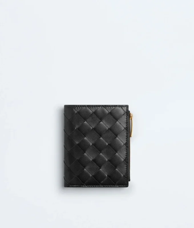 Petit portefeuille à deux volets en cuir Intrecciato
