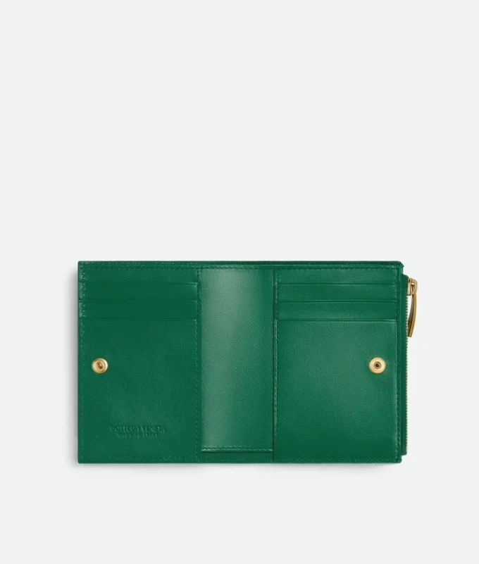Petit portefeuille à deux volets en cuir Intrecciato