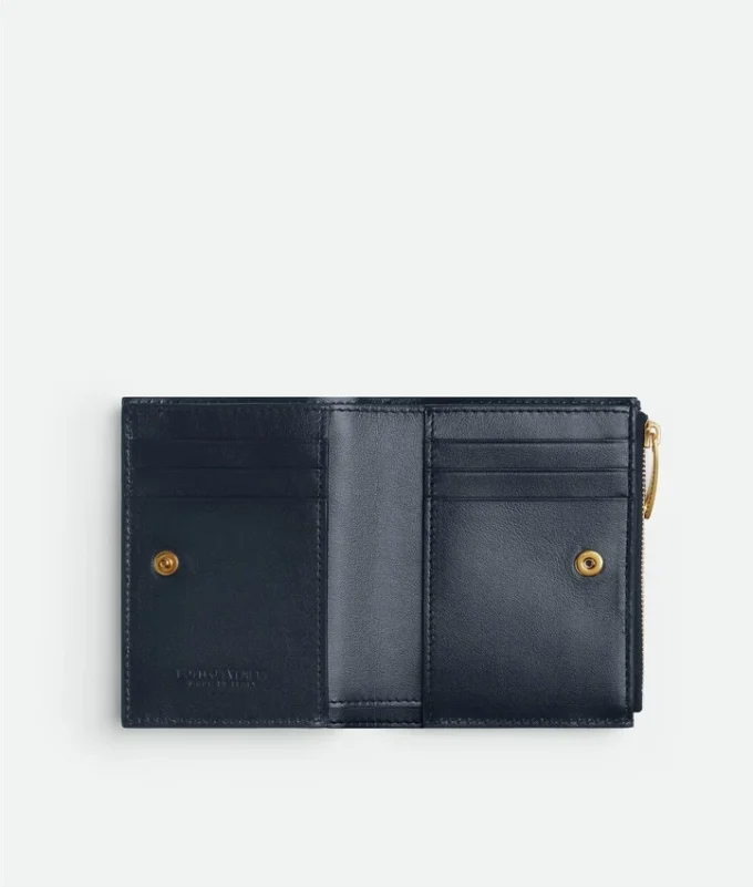 Petit portefeuille à deux volets en cuir Intrecciato