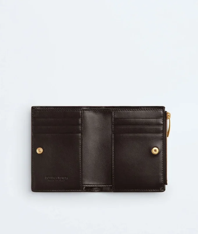 Petit portefeuille à deux volets en cuir Intrecciato