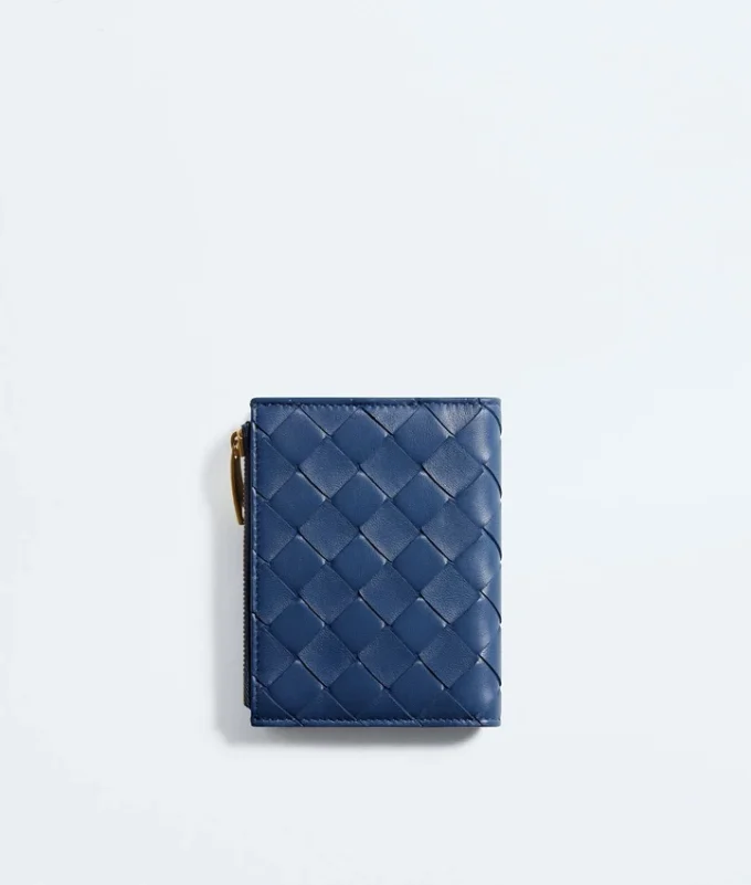Petit portefeuille à deux volets en cuir Intrecciato