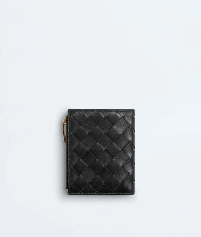 Petit portefeuille à deux volets en cuir Intrecciato