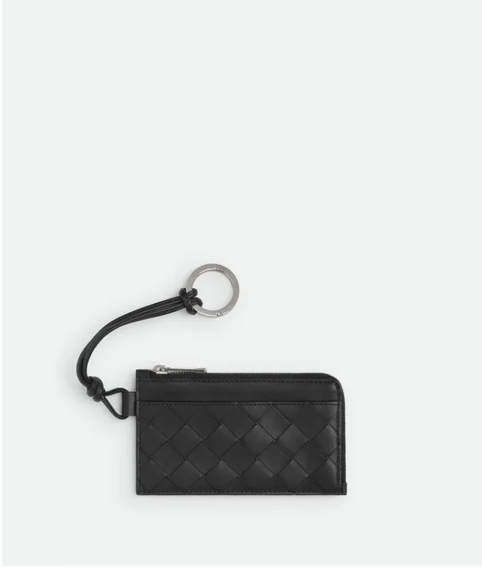 Porte-cartes Intrecciato avec fermeture à glissière en L et lanière Porte-cartes Intrecciato avec fermeture à glissière en L et lanière