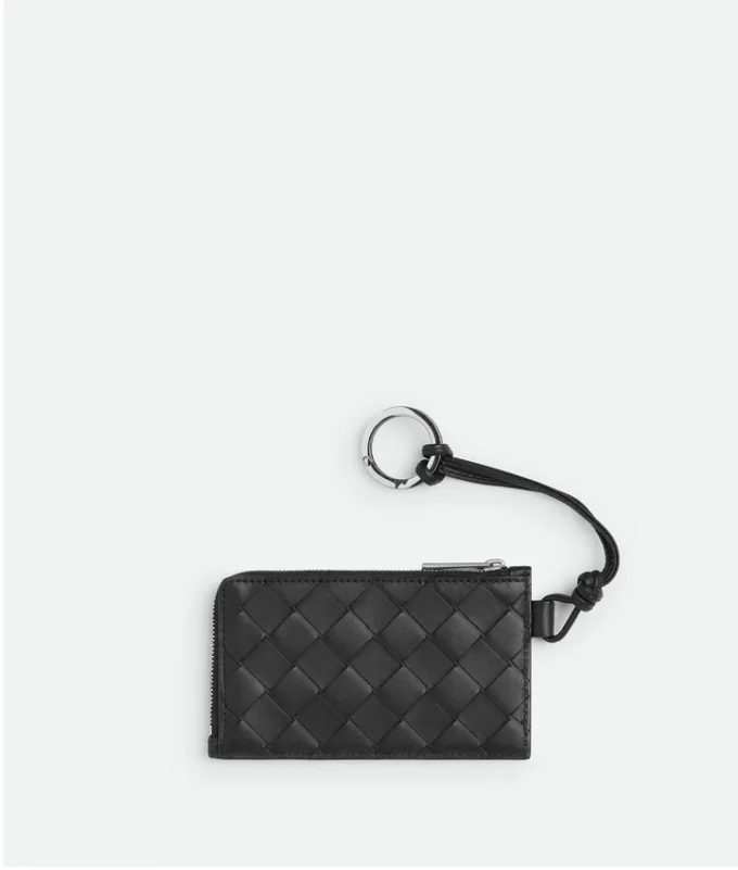 Porte-cartes Intrecciato avec fermeture à glissière en L et lanière Porte-cartes Intrecciato avec fermeture à glissière en L et lanière