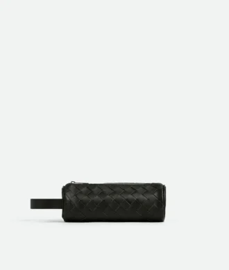 Trousse cylindrique en cuir Intrecciato